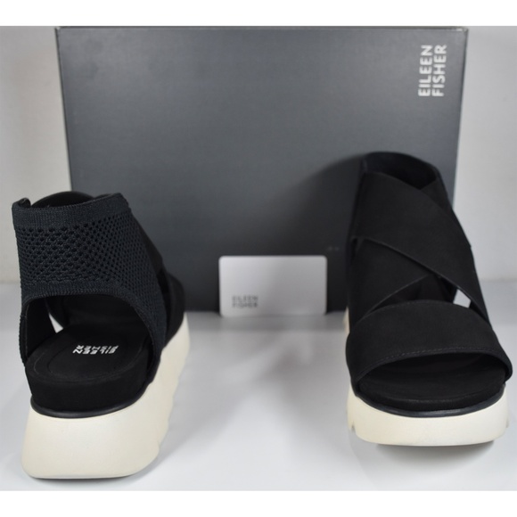 EILEEN FISHER NIB CHANT BLACK LEATHER PLATFORM WEDGE SANDAL. SIZE 9M - Picture 6 of 14